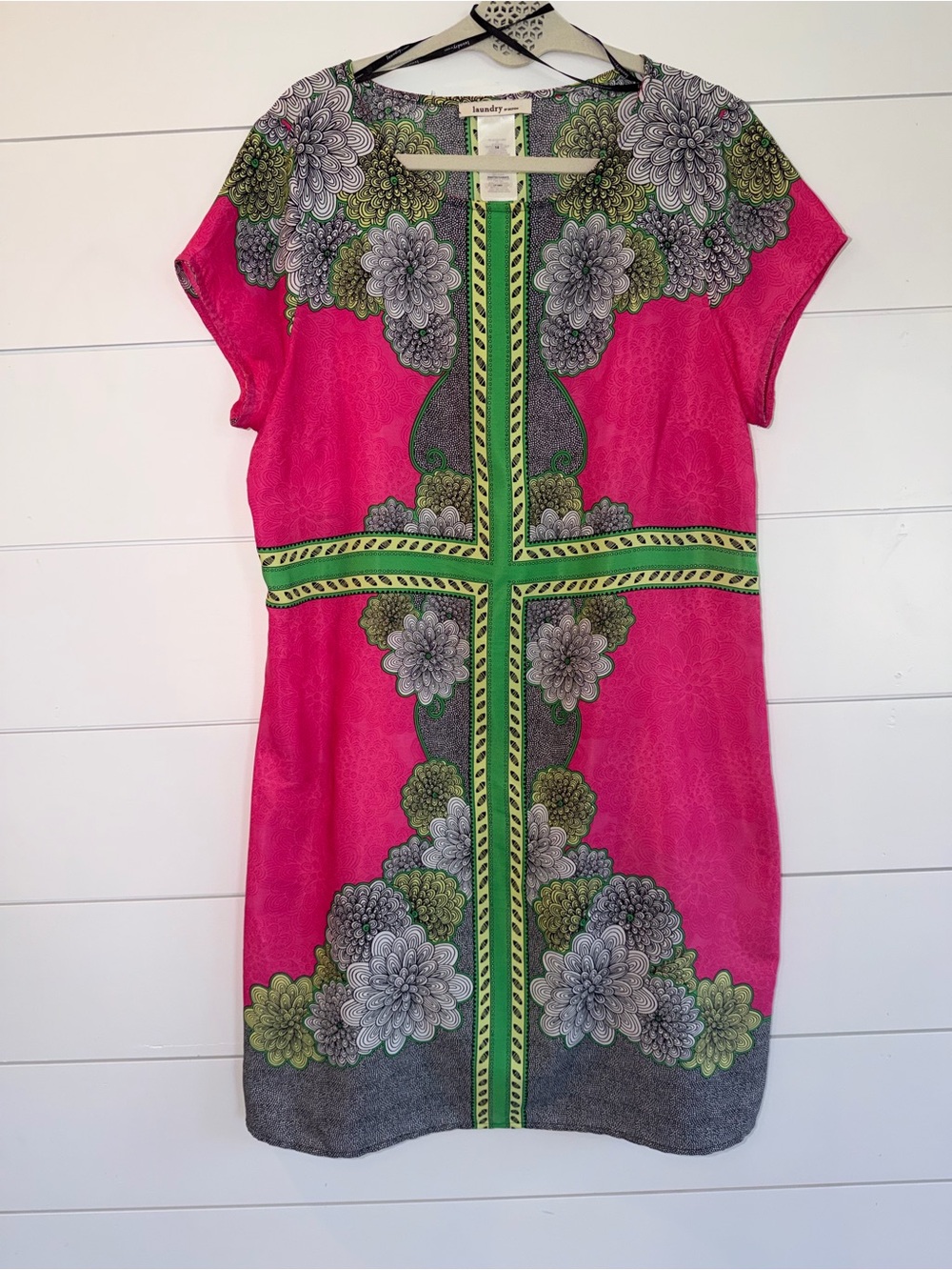 Laundry By Design Dress 14 Hot Pink Shift Retro Mod Medallion Floral Cap Sleeve